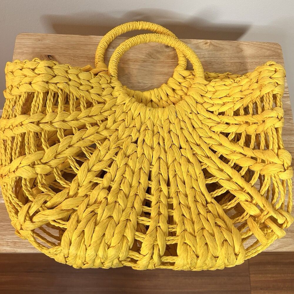 Yellow Woven Raffia Straw Tote Bag Top Handle Beach Resort Boho Handbag
